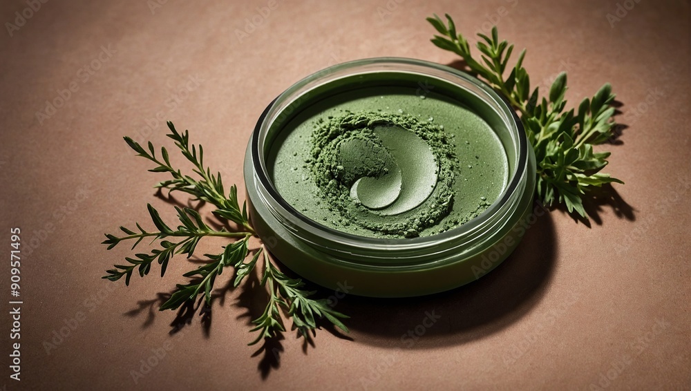 A jar of green powder makeup surrounded by sprigs of greenery on a brown background. A jar of green powder makeup surrounded by sprigs of greenery on a brown background.