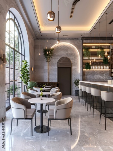 a professional modern cafe featuring chic decor and a stylish interior  exuding an urban vibe and elegant design.