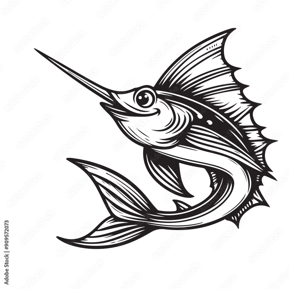 Fototapeta premium Line art of blue marine cartoon jumping vector