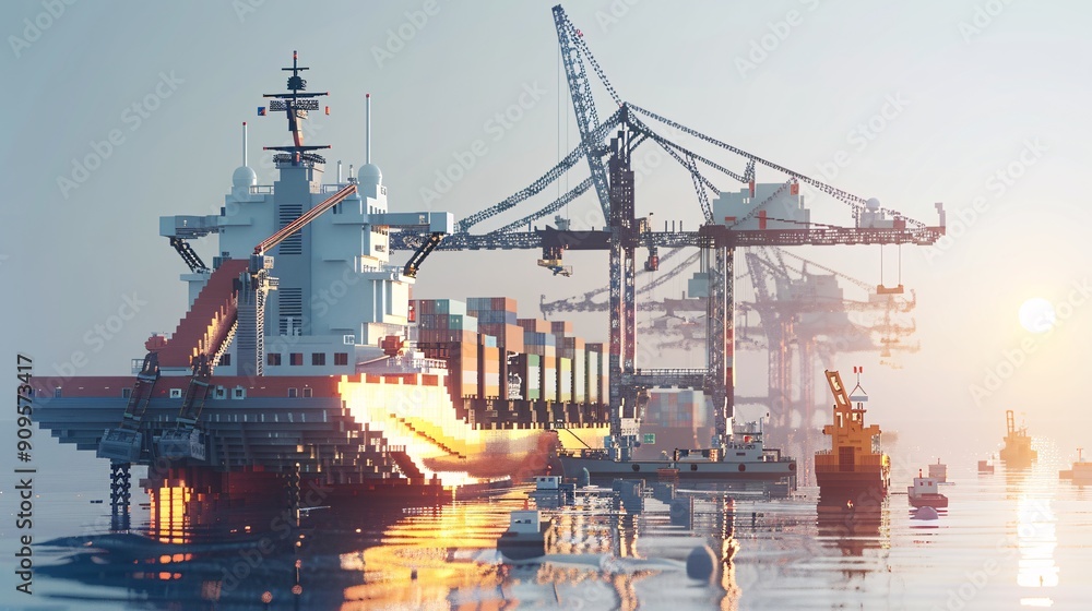 Logistics port featuring a docked cargo ship and cranes, rendered in ultra-sharp and clear 3D shading Logistics port featuring a docked cargo ship and cranes, rendered in ultra-sharp and clear 3D shading