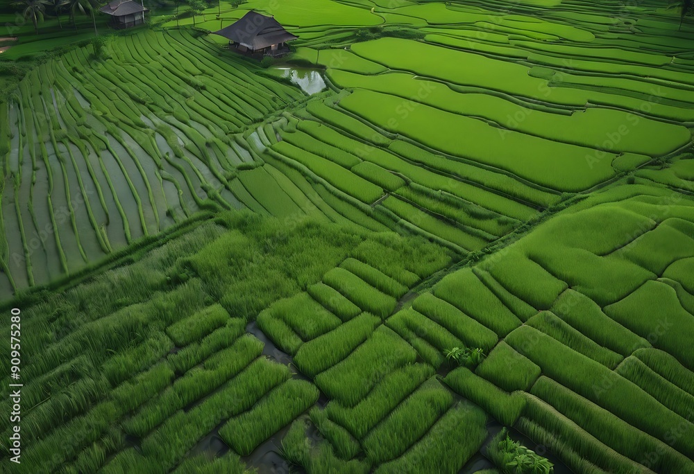 Fototapeta premium sprouts young fields traditional green method paddy Balinese flood rice setting cultivating drone village seedlings Top view beautiful velvet Aerial Land Agriculture Landscape Farm
