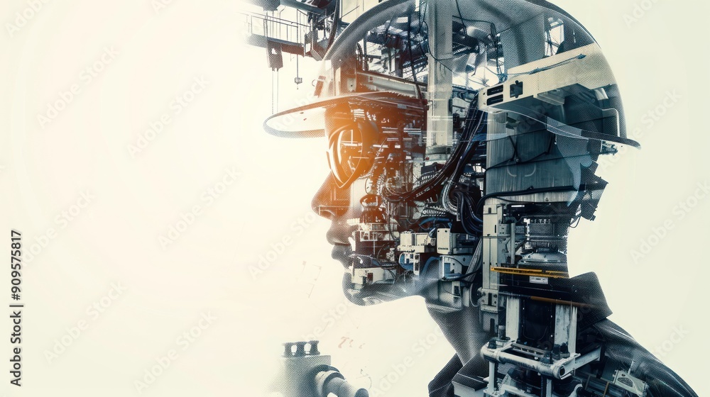 Double exposure of an engineer with robotic machinery. Double exposure of an engineer with robotic machinery.