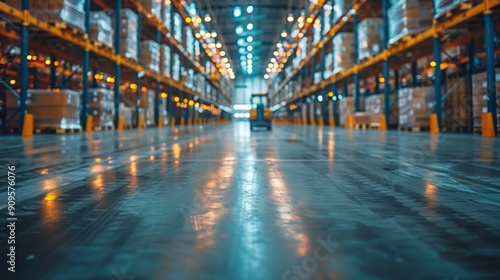 Large Warehouse Interior With Rows of Shelves and Pallet Racks at Night