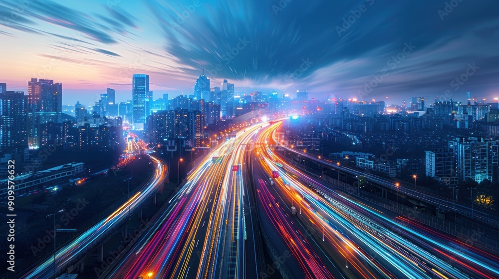Multiple exposure effect of a cityscape with light trails.
