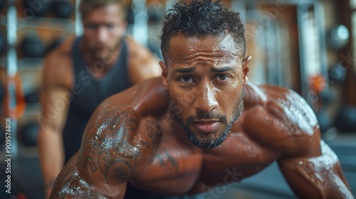 Intense Gym Workout Featuring Two Athletes Engaged in Strength Training in a Modern Fitness Facility