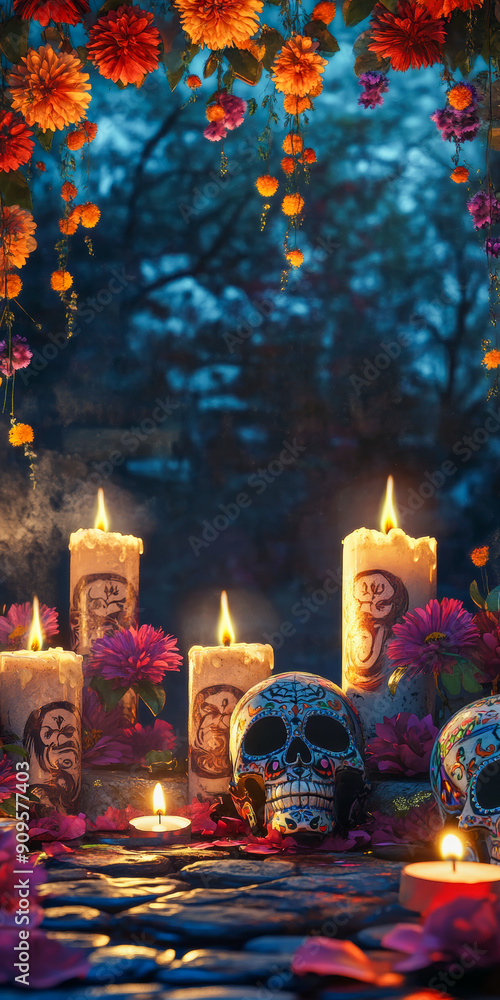 Day of the Dead Altar with Colorful Skulls and Marigold Flowers Day of the Dead Altar with Colorful Skulls and Marigold Flowers