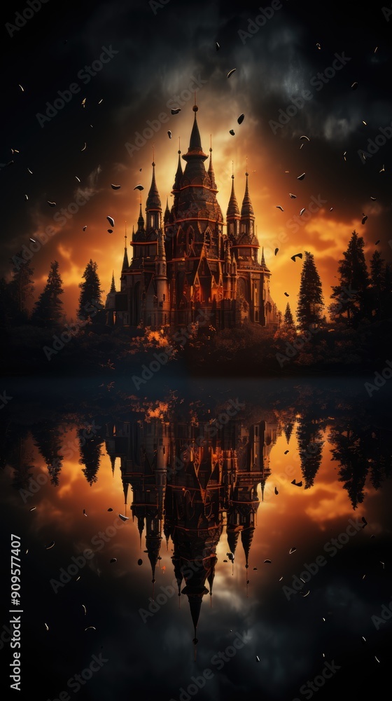 Fototapeta premium Abstract Halloween dark castle with full moon wallpaper High quality phot 