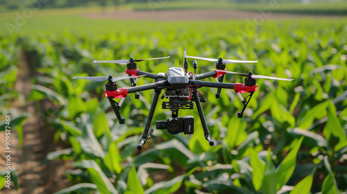 Drone Capturing Aerial View Of Healthy Crops In A Lush Green Field During Daytime