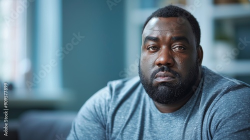 Emotionally Charged Portrait of Man in Casual Gray Shirt at Home