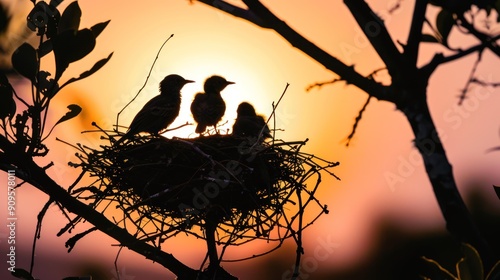 Silhouette of a bird nest with baby birds.