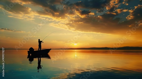 Silhouette of a fisherman catching a fish.