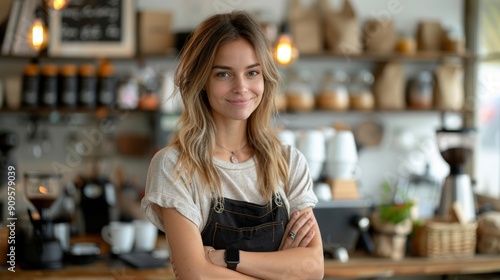 Young Barista Smiling Confidently in Cozy Coffee Shop Setting on a Bright Day