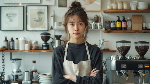 Young Barista in Apron Stands Confidently Inside Cozy Coffee Shop