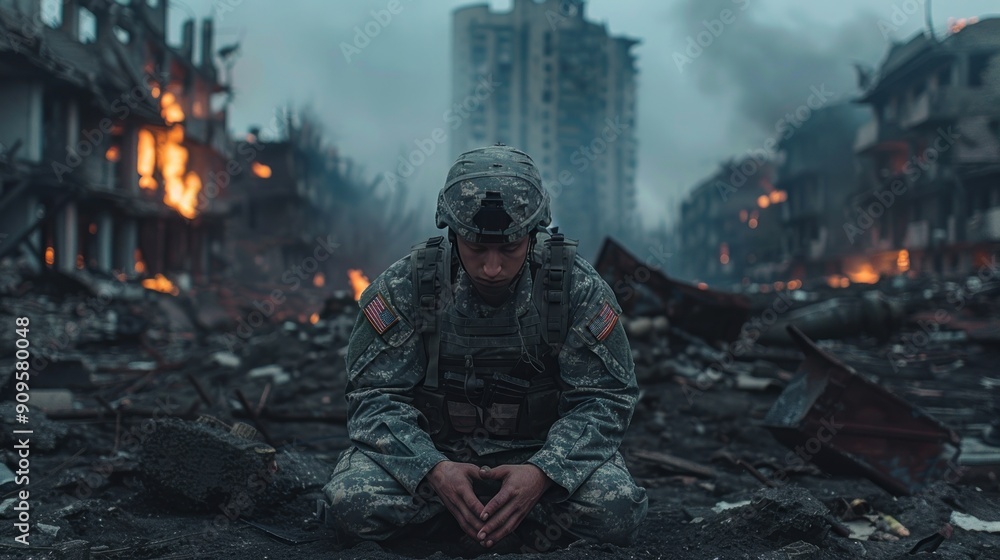 Soldier in Devastation: A Moment of Reflection Amidst Ruins Soldier in Devastation: A Moment of Reflection Amidst Ruins