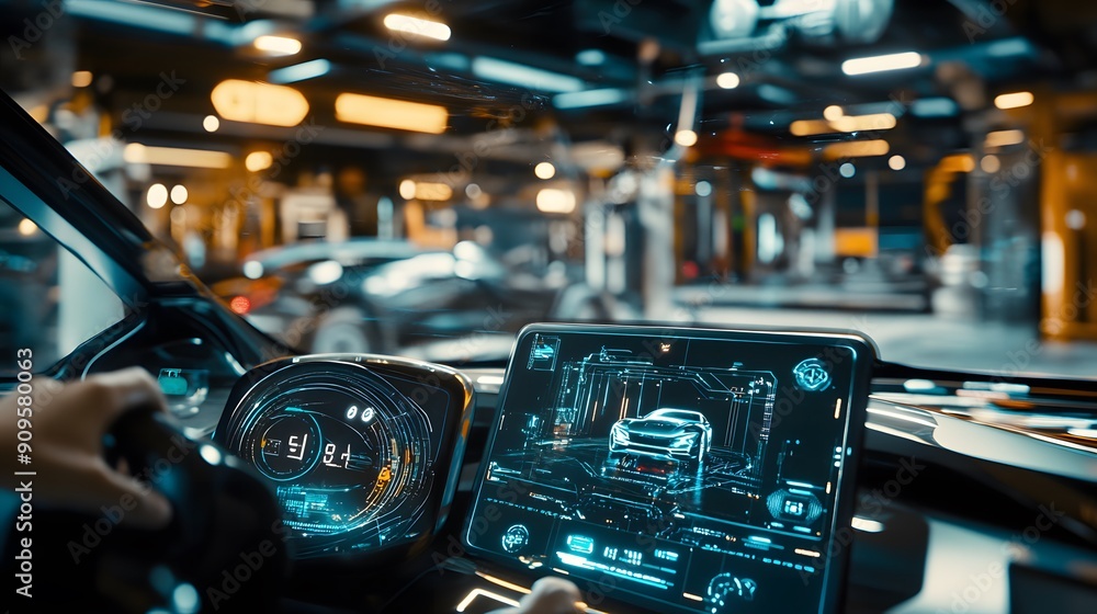 Fototapeta premium futuristic virtual graphic touch user interface depicting the EV electric vehicle technology industry concept, with a blurred auto repair garage in the background