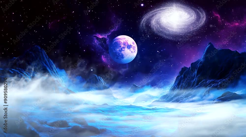 Colorful galaxy with planets and nebulae floating in a mystical cosmic space. Space concept. Seamless looping 4k time-lapse animation video background.