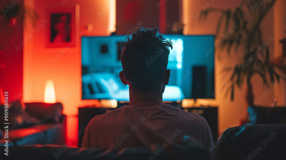 Person Watching Television in Dim Living Room With Colorful Lighting at Night Person Watching Television in Dim Living Room With Colorful Lighting at Night