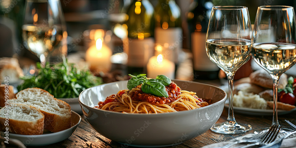 A bowl with pasta and sauce on an elegant table, surrounded by various dishes like bread and wine in glasses, generative AI A bowl with pasta and sauce on an elegant table, surrounded by various dishes like bread and wine in glasses, generative AI