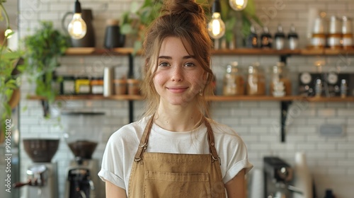 Young Barista Smiling in Cozy Coffee Shop With Greenery and Warm Lighting