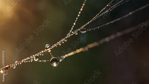 silk spider web on grass with dew on the sticky webbing insect trap in the morning dewdrops