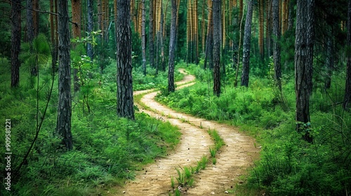 Serene forest path winding through tall trees