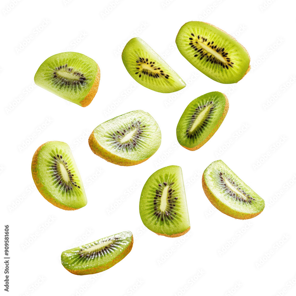 Fototapeta premium Floating Kiwi Wedges On Transparent Png Background For Nutritious Fruit Advertisements . Generative ai