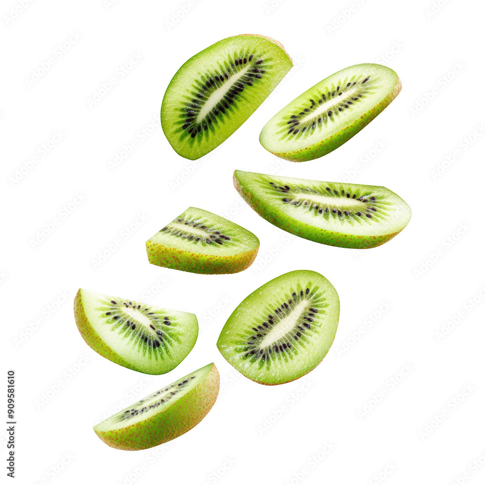 Fototapeta premium Floating Kiwi Wedges On Transparent Png Background For Nutritious Fruit Advertisements . Generative ai