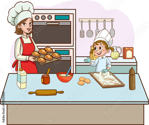 Cartoon little kids cooking in the kitchen