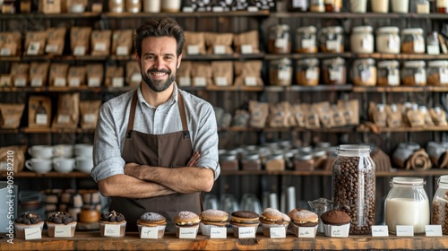 Smiling Barista Standing Behind Counter Full of Pastries and Coffee Beans in Cozy Café