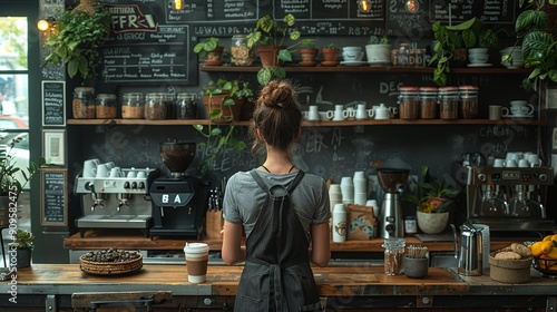 Busy Barista Preparing Coffee Drinks in Trendy Café Surrounded by Plants