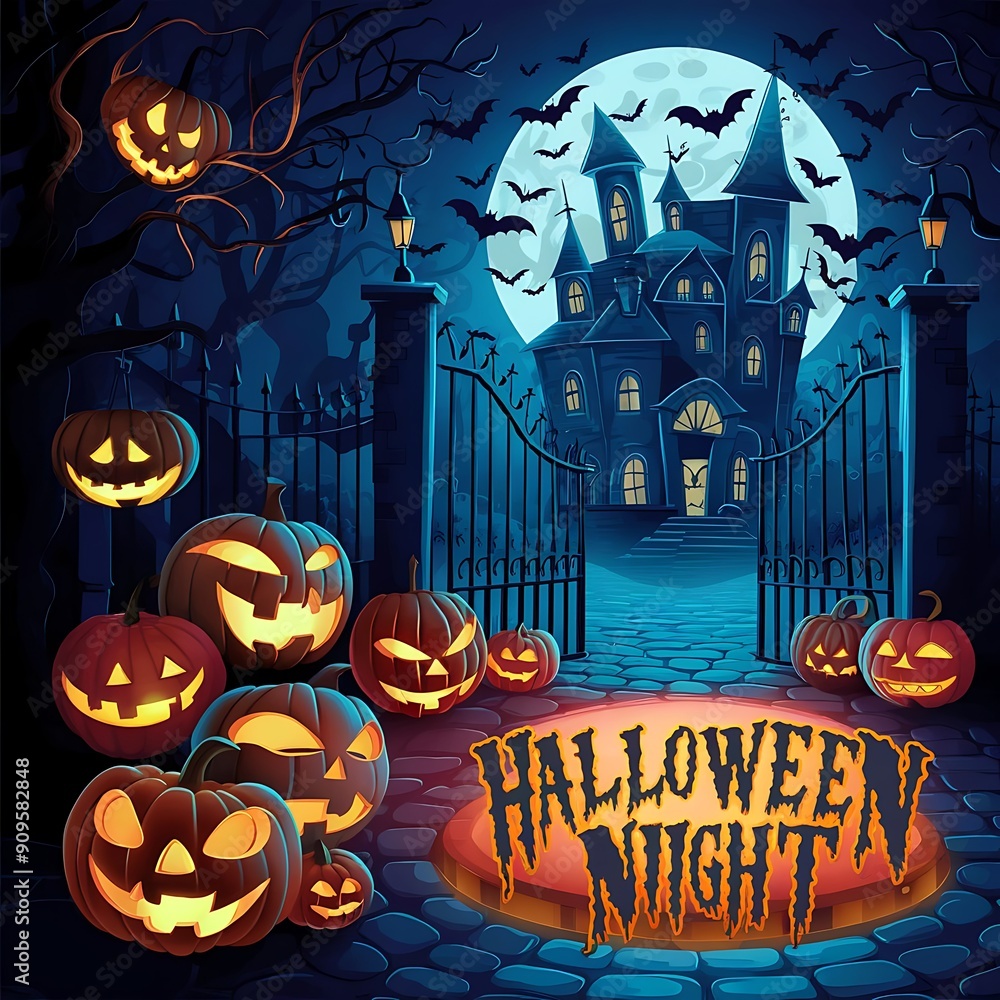 Fototapeta premium Halloween, Poster, Banner, a night with a full moon, haunted house, and playful characters, Halloween Poster, 