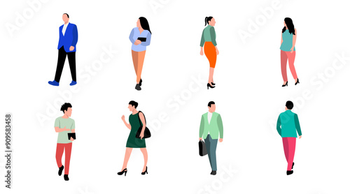 Set of eight diverse people characters. Various poses, trendy clothes, and different hairstyles. Flat cartoon vector illustration.