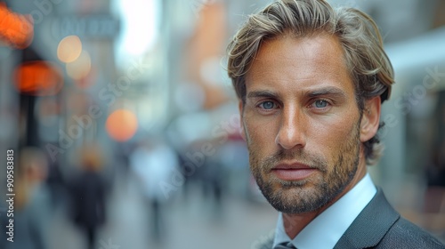 Confident Businessman Stands in Busy Urban Street During Daylight Hours