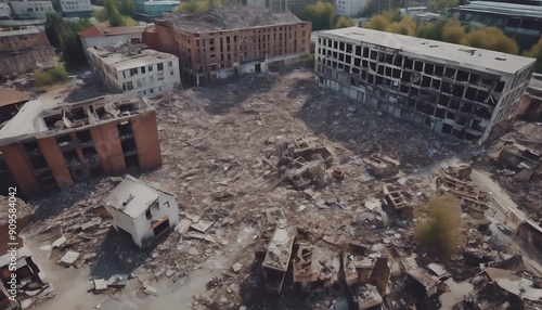 actory abandoned old ruins rubble Earthquake destruction industrial demolished debris waste Pile rubbish view landscape Aerial plant drone building city brick concrete Office House Tree Landscap photo