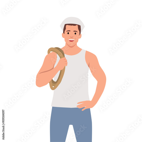 Youngyoung sailor in a shirt holding a rope around his shoulder. Flat vector illustration isolated on white background photo