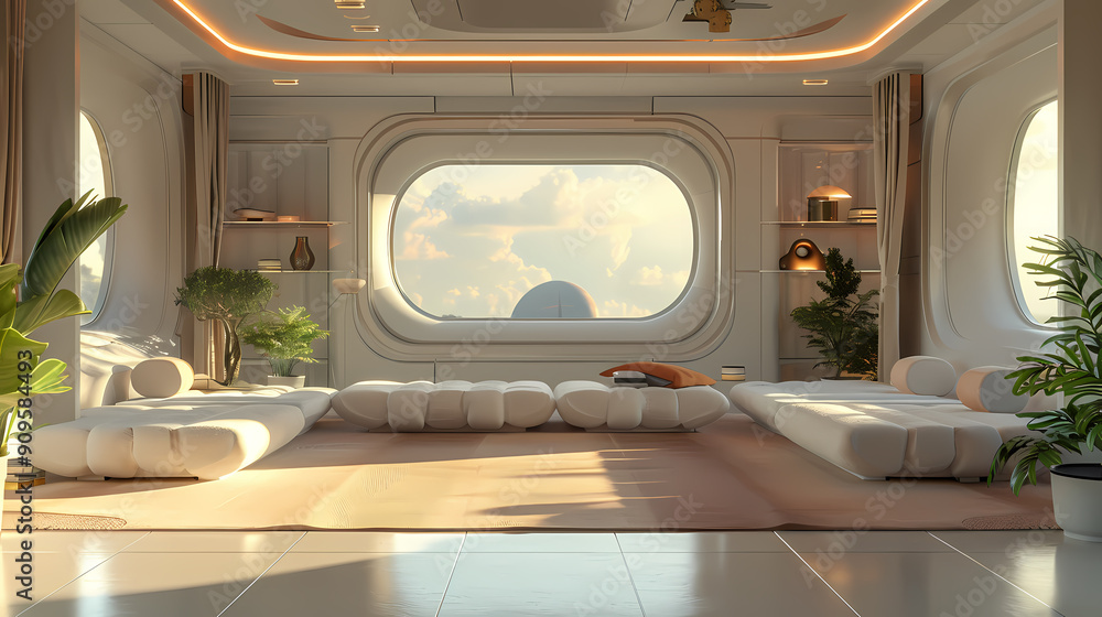 A futuristic living room with large oval windows overlooking a cityscape. The room is decorated in a minimalist style with white walls and furniture, and features potted plants and warm lighting. The A futuristic living room with large oval windows overlooking a cityscape. The room is decorated in a minimalist style with white walls and furniture, and features potted plants and warm lighting. The