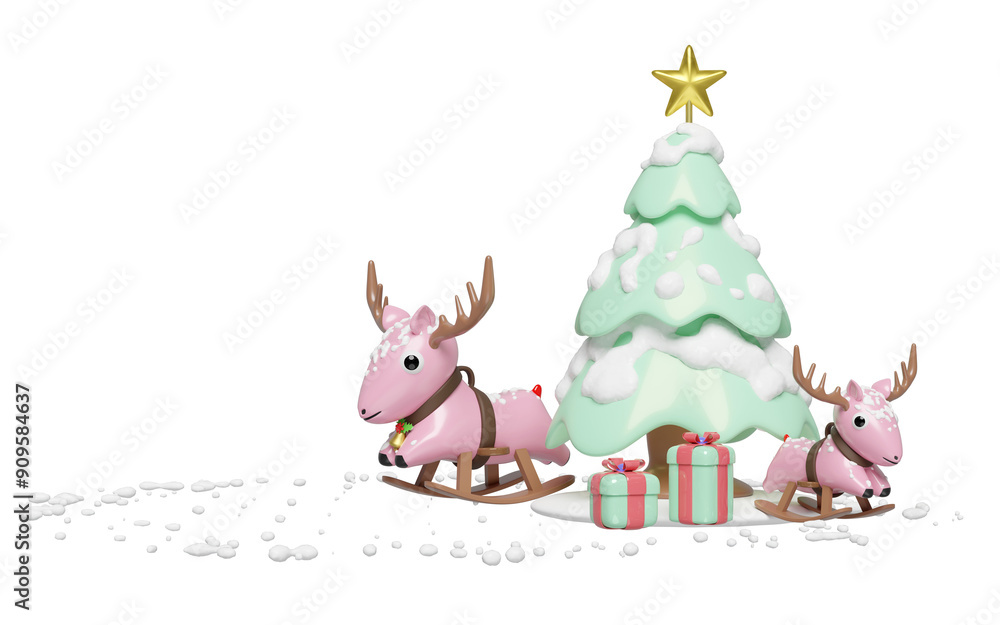 3d rocking deer with gift box, christmas tree isolated. merry christmas and happy new year, 3d render illustration 3d rocking deer with gift box, christmas tree isolated. merry christmas and happy new year, 3d render illustration