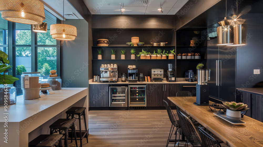 Modern Office Break Room With Cozy Atmosphere and Functional Coffee Station in Bright Natural Light Modern Office Break Room With Cozy Atmosphere and Functional Coffee Station in Bright Natural Light