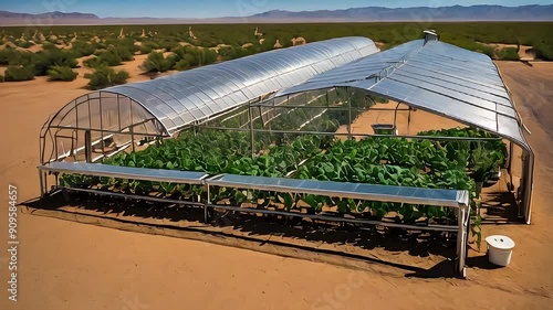 Desert agriculture animation. Illustrating desert agriculture, innovative farming techniques, greenhouses & crops thriving in the arid desert environment. Discover the ingenuity of desert farming. photo