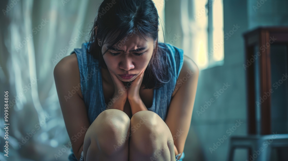Emotional struggle. Asian woman in distress sitting on the floor with her knees drawn up, holding her neck with her hands in deep despair. Feelings of sadness, anxiety, or regret Emotional struggle. Asian woman in distress sitting on the floor with her knees drawn up, holding her neck with her hands in deep despair. Feelings of sadness, anxiety, or regret