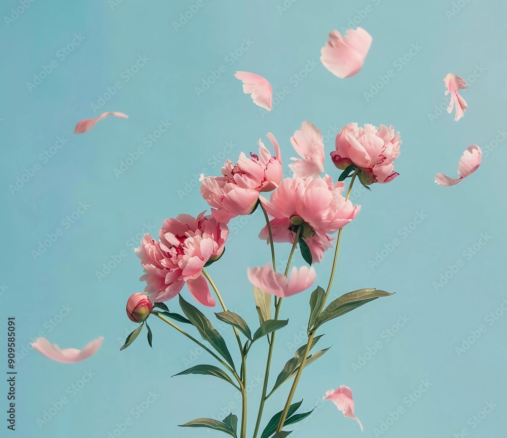 peony flowers flying out of a pink bouquet isolated on a pastel blue background peony flowers flying out of a pink bouquet isolated on a pastel blue background