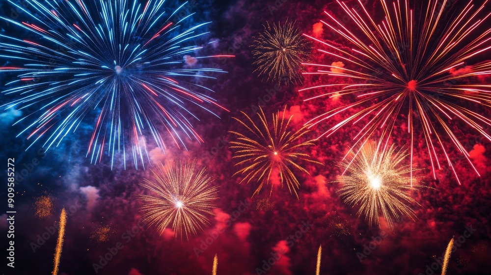 Obraz premium Colorful fireworks display in night sky, festive celebration concept