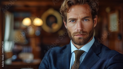 Professional Man in Suit Posing Confidently in Elegant Office Setting