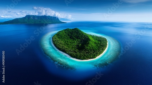 Blueberry paradise, levitating island, lush greenery, sparkling blue waters below, enchanting light