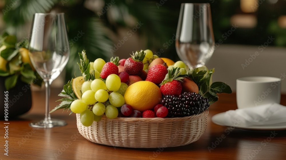 Bottomless fruit basket, ever-fresh fruits, mystical aura, classic wooden table, warm ambiance Bottomless fruit basket, ever-fresh fruits, mystical aura, classic wooden table, warm ambiance