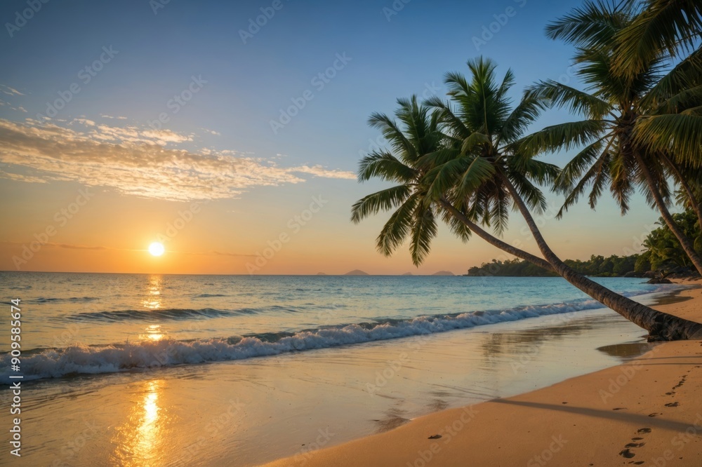 Tropical beach, palm treesn tursuoiqe water, sunrise Tropical beach, palm treesn tursuoiqe water, sunrise