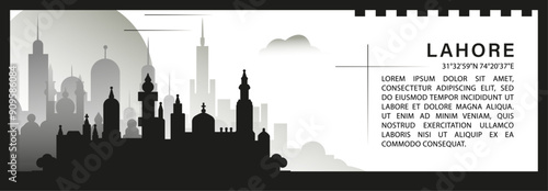 Lahore skyline vector banner, black and white minimalistic cityscape silhouette. Pakistan city horizontal graphic, travel infographic, monochrome layout for website