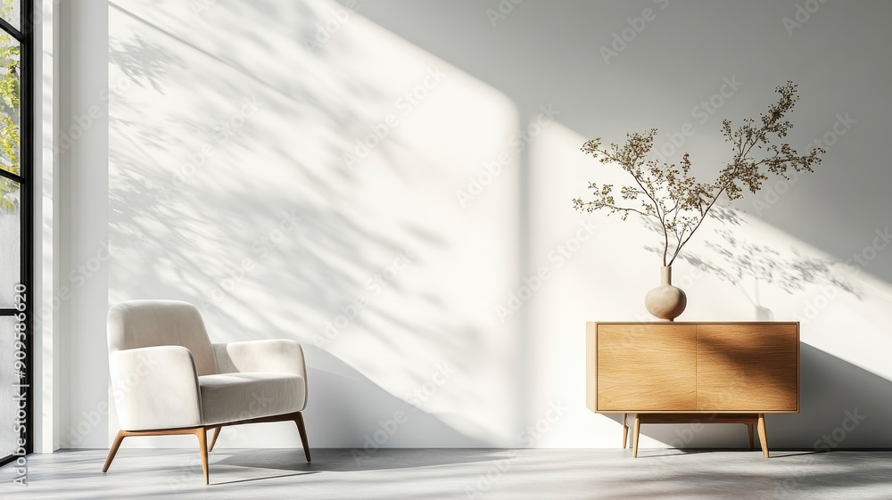 Minimalist waiting room with velvet sofa, solitary vase, and single window. Minimalist waiting room with velvet sofa, solitary vase, and single window.
