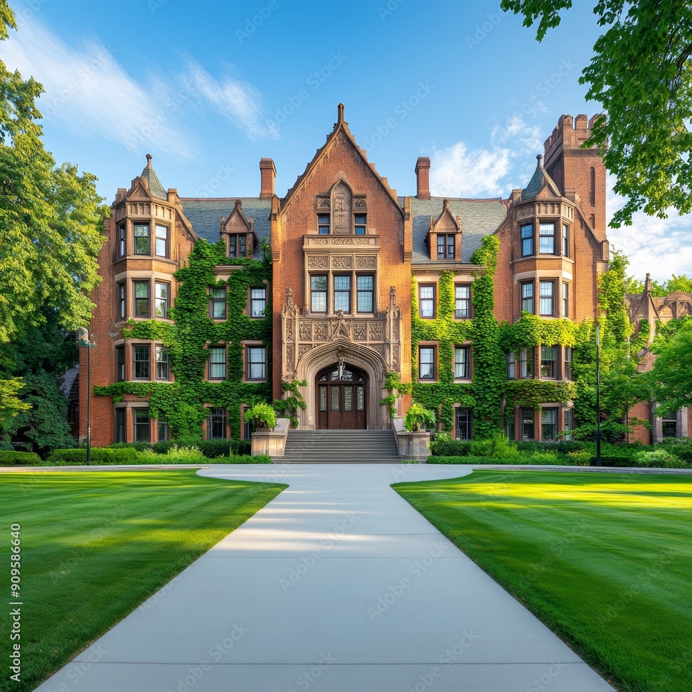 A historic brick university building surrounded by manicured lawns and trees under a clear blue sky. A historic brick university building surrounded by manicured lawns and trees under a clear blue sky.
