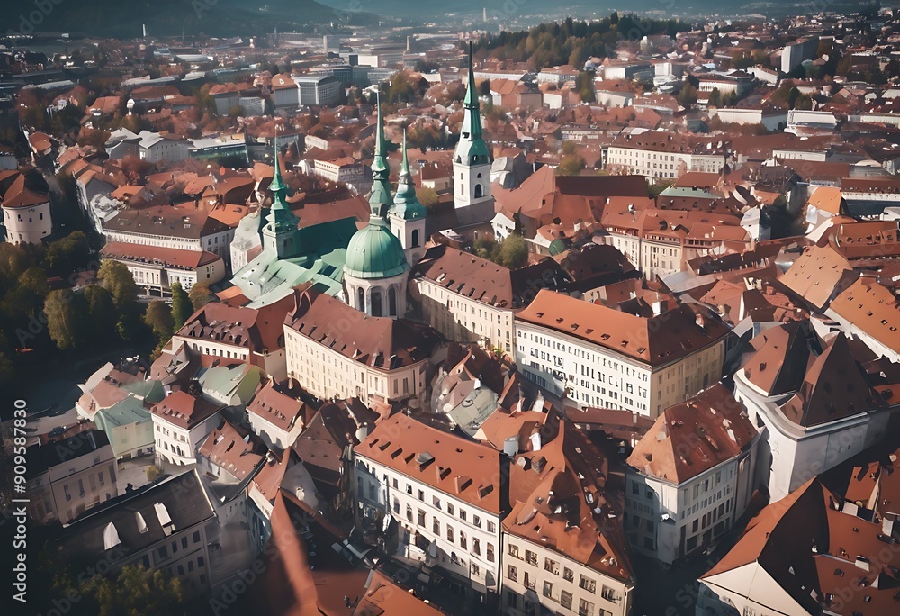 Obraz premium Ljubljana Slovenia Aerial view capital Sky Summer Travel House City Landscape Building Sun Architecture Blue Sunset Street Colorful Old Europe Beautiful Castle Day Skyline Urban River Cityscape Touri